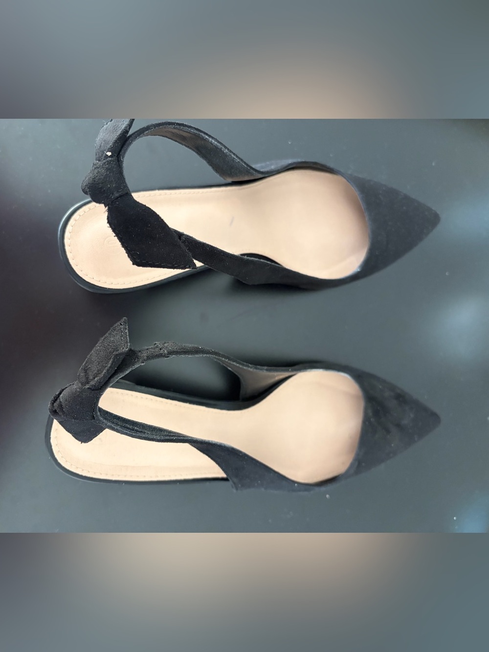 Black Suede Pointed Toe Slingback Heels with Bow